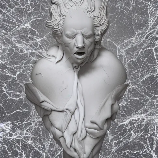 Image similar to realistic digital painting of a stunning intricate cracked white marble falling angel with face of donald trump bernini sculpture, trailing white vapor, mycelium stands and misty xparticles neutral tone background, trending on artstation, hyperrealism, matte painting, subsurface scattering