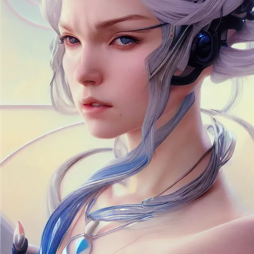 Image similar to ultra realistic illustration, aoc anime, intricate, elegant, white hair, blue eyes, cyborg, highly detailed, digital painting, artstation, concept art, smooth, sharp focus, illustration, art by artgerm and greg rutkowski and alphonse mucha