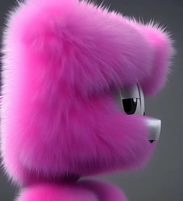 Image similar to high quality 3 d render hyperrealistic very cute small pink robot, plush mascot, short spiky dense fluffy smooth hair, photo from the side, pink fluffy fur, 1 5 0 mm, beautiful natural soft light, rim light, smooth background, artstation, ultra detailed, elegant, ultra detailed, metallic armor, octane render