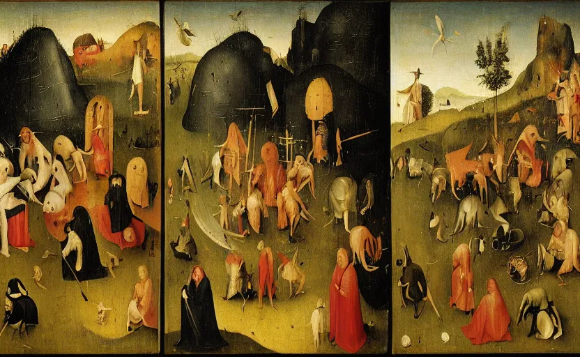 Image similar to The Haywain Triptych is a panel painting by Hieronymus Bosch