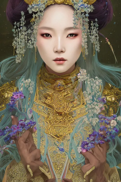 Image similar to beautiful ancient fantasy portrait of wuxia heroine like tzuyz twice, in forbidden City, flowers rainning everywhere, beautiful glowing galaxy eyes, hybrid from Dynasty Warriror, artstation, concept art, smooth, sharp focus, illustration, art by tian zi and WLOP and alphonse mucha, fantasy, intricate, very very beautiful, elegant, highly detailed, digital painting