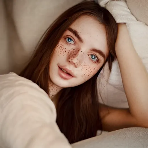 Image similar to portrait of a cute thin young woman, red blush, cute freckles wearing casual clothes, small smile, relaxing on a couch, cozy living room, close up shot, 8 k, art by diego fazio and irakli nadar, hyperrealism, hyperdetailed, ultra realistic