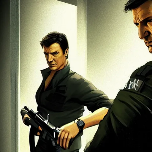 Image similar to Nathan Fillion as James Bond in Goldeneye 007 silently dispatching a guard on the toilet in facility , D&D, cinematic, intricate, elegant, highly detailed, movie still, artstation, concept art, smooth, sharp focus, illustration, art by artgerm and greg rutkowski and alphonse much