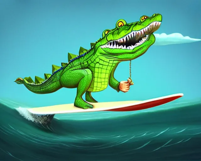 Image similar to a crocodile surfing on a longboard, tube wave, funny cartoonish, by gediminas pranckevicius h 7 0 4