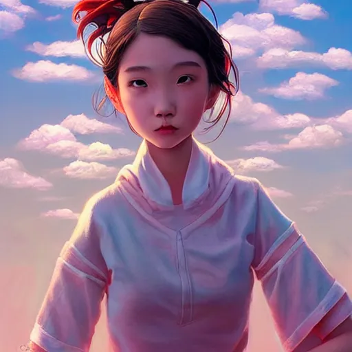 Prompt: a beautiful scenic painting of a beautiful young woman that looks like chihiro from spirited away by artgerm and wlop and wes anderson and spike jonze