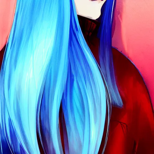 Image similar to full face shot of rimuru tempest, sky blue straight hair, long bangs, with amber eyes, wearing a fancy black jacket, high collar, ultra detailed, brush strokes, digital painting, cinematic, wlop artstation, closeup, pixiv, intense, intimidating glare, photorealistic, overpowering, andy warhol,