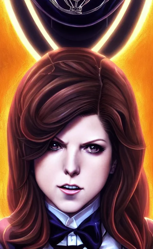 Image similar to ultra realistic, beautiful Anna Kendrick Zatanna DC Comics waist up floating, on stage, symmetrical face symmetrical eyes, smiling, modern anime, fantasy, eerie, intricate details, atmospheric, elegant, super highly detailed, professional digital painting, artstation, concept art, 8k, art by artgerm and eiichiro oda and koyoharu gotouge