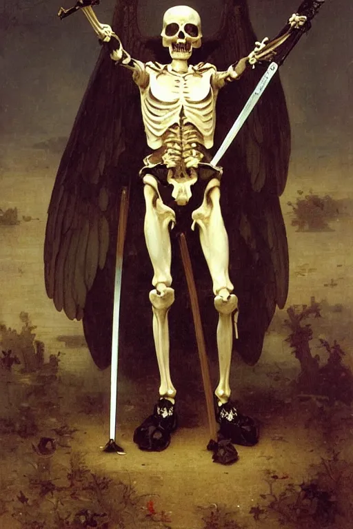 Image similar to portrait of a skeleton soldiers in the middle world, wearing helmets with wings, wearing european style armor, holding a sword in both hands, symmetrical, solemn, sacred, aura, by bouguereau