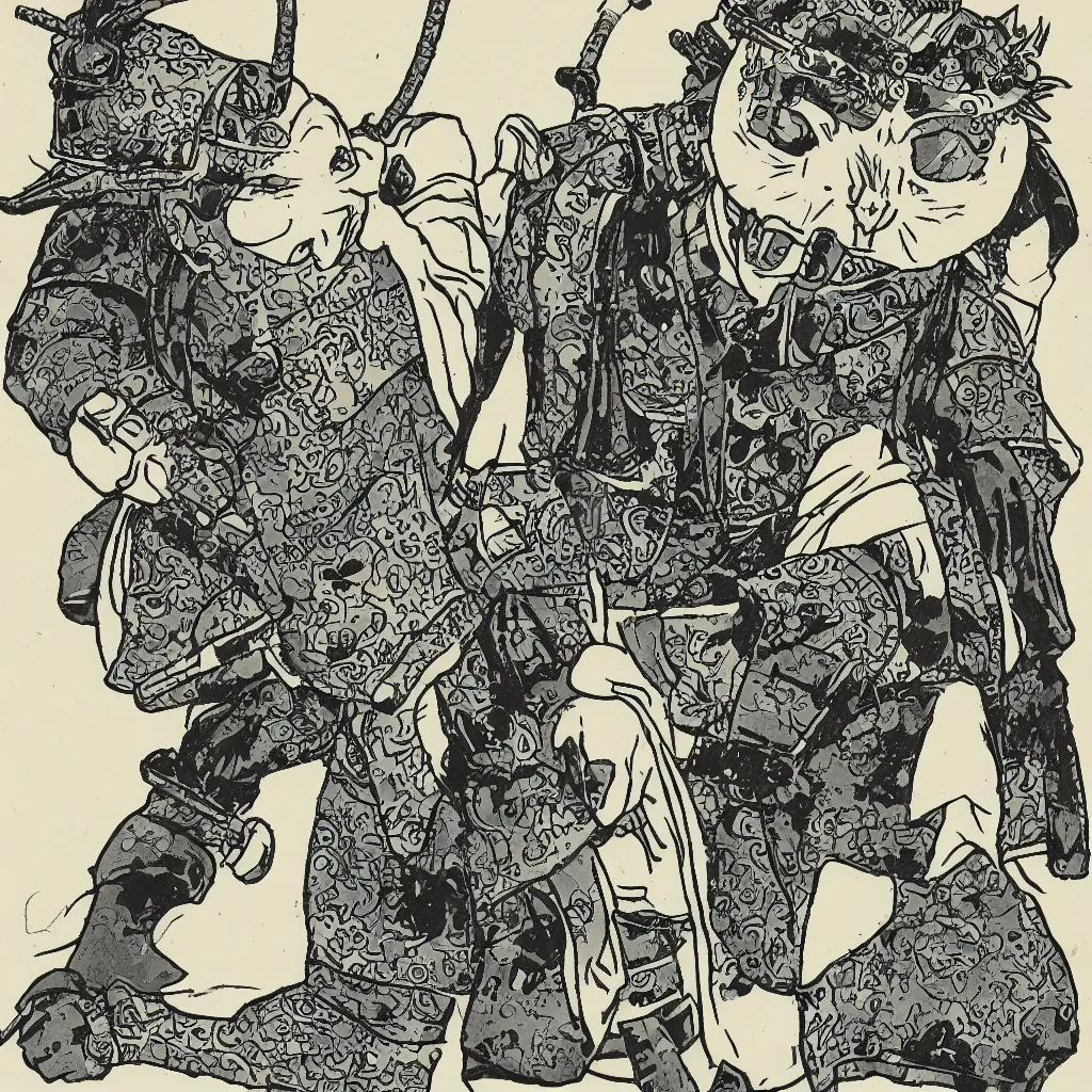 Image similar to a samurai wearing an iron koala mask, full body photo, comic style