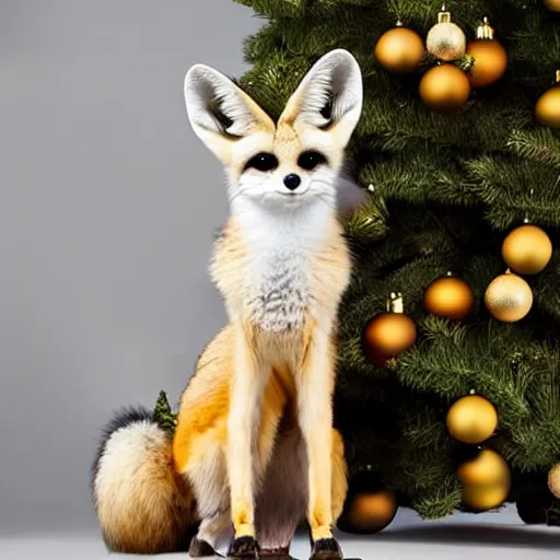 Prompt: a fennec fox sat next to a christmas tree, award winning photograph