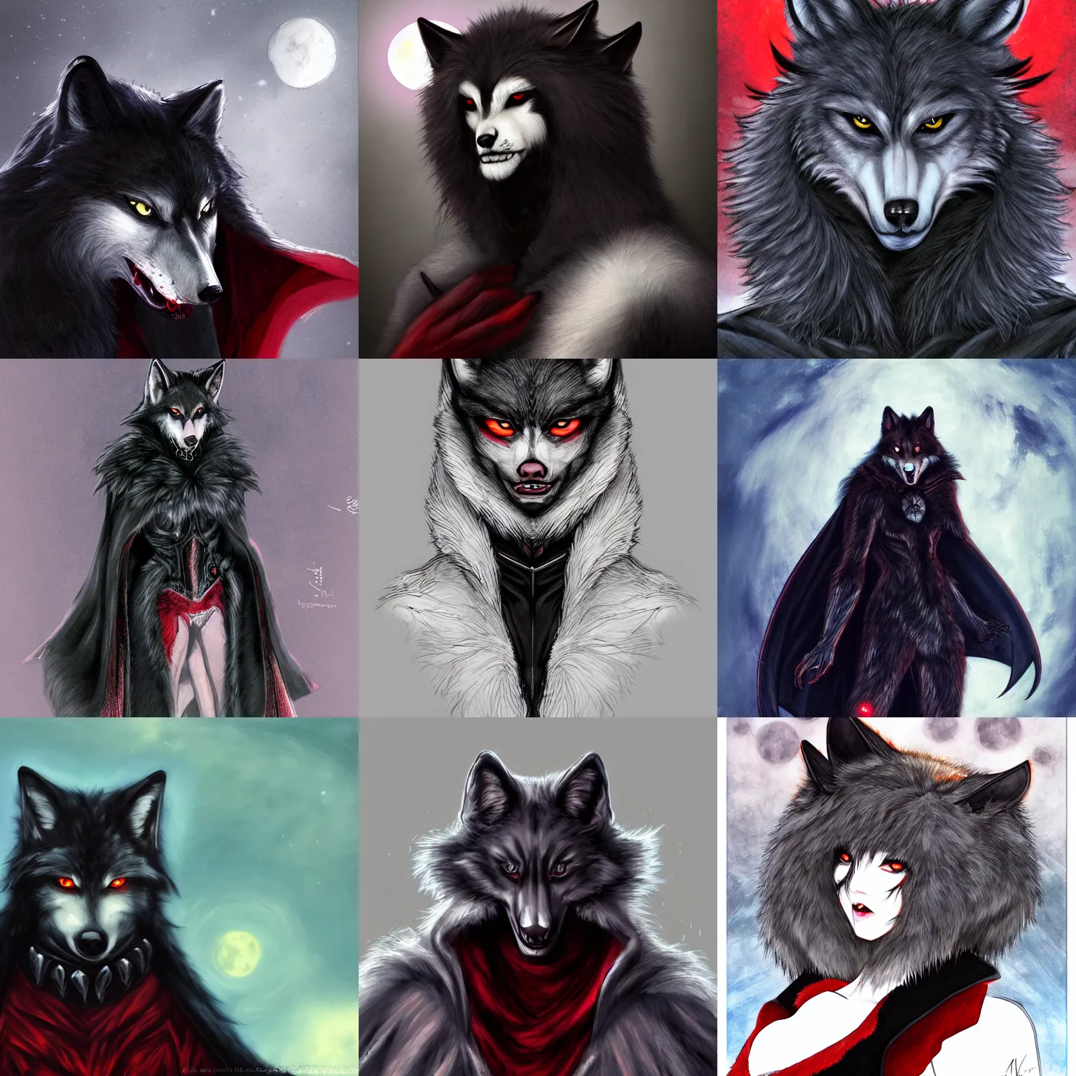 Prompt: a portrait of an anthropomorphic wolf vampire, furry fursona, black cape, red eyes, long fangs, furry, by ayami kojima, artstation, moonlight, dramatic