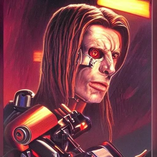 Prompt: artwork of long haired cyborg with damaged face by Greg Hildebrandt. Part of his face is robotic. Cinematic lighting. Terminator 2 ending scene