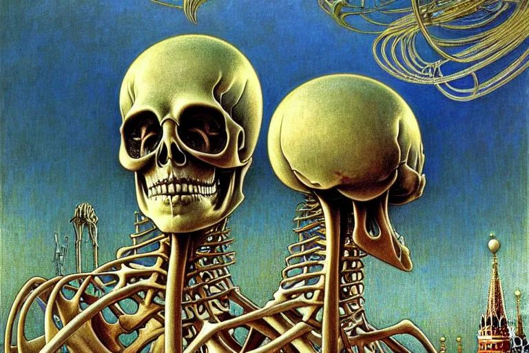 Image similar to realistic detailed closeup portrait painting of a single skeleton wearing a cape in a crowded futuristic moscow street by Jean Delville, Amano, Yves Tanguy, Alphonse Mucha, Ernst Haeckel, Edward Robert Hughes, Roger Dean, rich moody colours, blue eyes