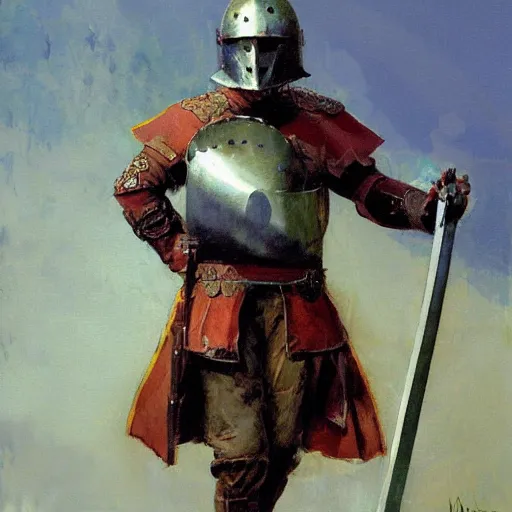 Prompt: man wearing gambeson and sallet helmet and raised sword, detailed by greg manchess, craig mullins, bernie fuchs, walter everett