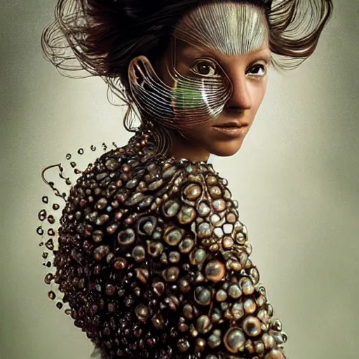 Prompt: brown woman wearing a jellyfish armor. iridiscent. super detailed. layered. textured. award winning. dispersion of light. refracted lighting. soft. fragile. by ray caesar. by louise dahl - wolfe. by andrea kowch. by tom bagshaw. surreal photography