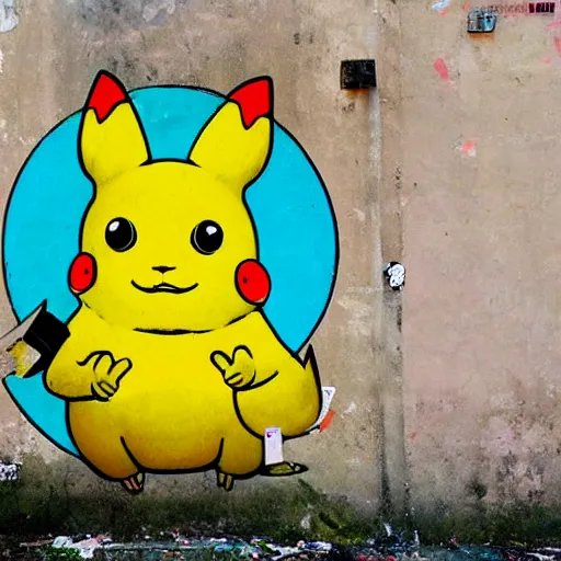 Image similar to pickachu , street art , by banksy, grafiti , well detailed