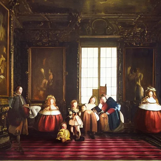 Prompt: super quality family portrait in the main room of the castle painted in 1 6 5 6, dark room, one point of light coming through the window inspired by las meninas, clear spaces between each subject and good detail and realistic eyes, faces for each person in the canva, inspired by diego velasquez baroque style, hdr