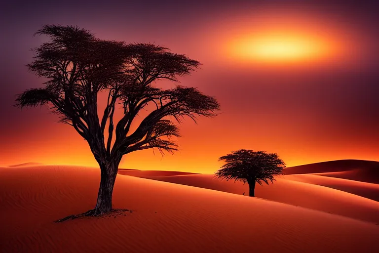 Image similar to A beautiful landscape photography of the Sahara desert dunes, a dead intricate tree in the foreground, sunset, dramatic lighting by Marc Adamus