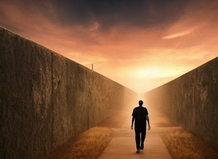 Image similar to a man walking in the middle of two giant walls at sunset, dreamy, matte painting, fancy lighting, complementary colours, high quality, highly detailed, godrays, calm, relaxing, beautiful landscape, serene landscape, low contrast, concept art, trending on DeviantArt