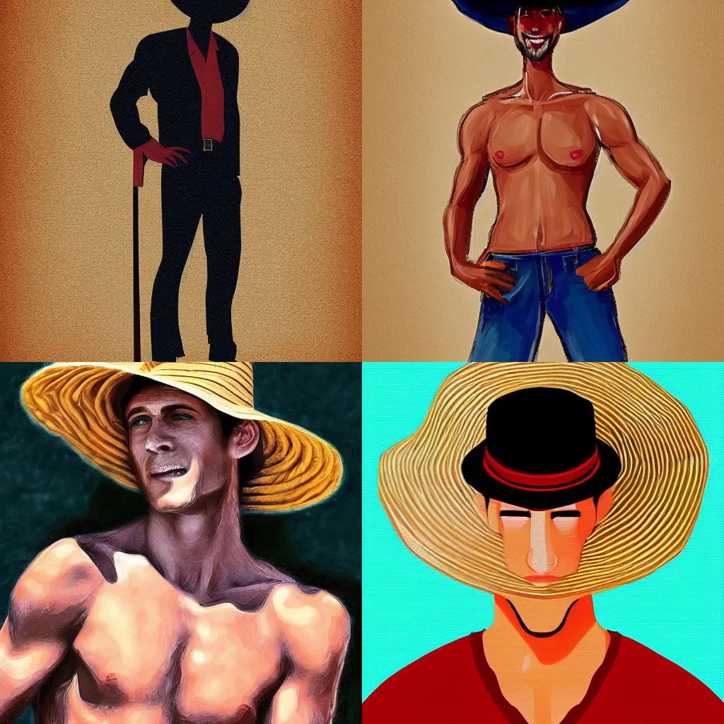 Prompt: A tall muscular man wearing a straw hat, digital painting