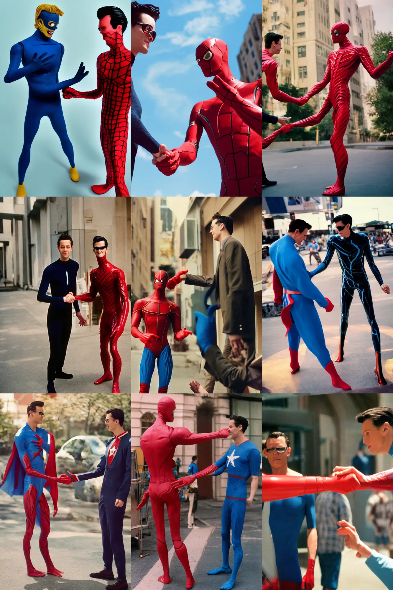 Prompt: mr. fantastic and plastic man shaking hands, both stretched and twirled and twisted and with a distance of several meters between each other, hd - photography, cinestill, marvel cinematic universe