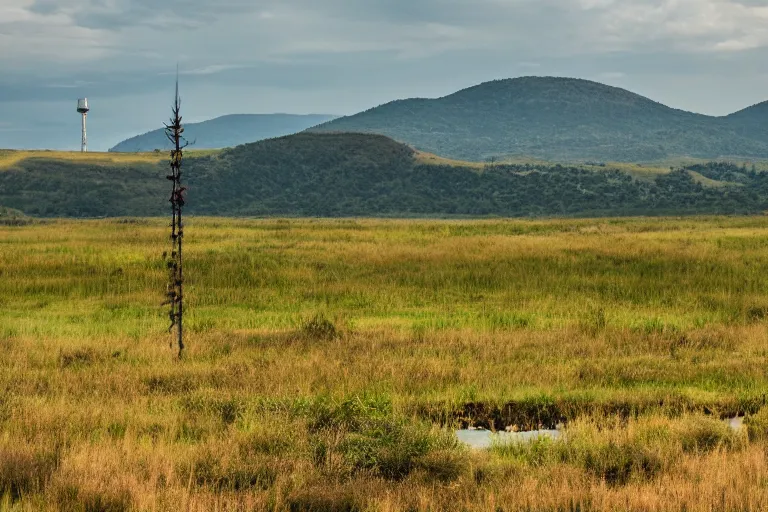 Image similar to a hill with a radio tower next to a pond, hills in background. telephoto lens photography.