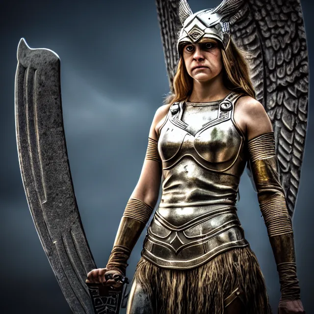 Prompt: photo of a valkyrie warrior with light powers, highly detailed, 4 k, hdr, smooth, sharp focus, high resolution, award - winning photo