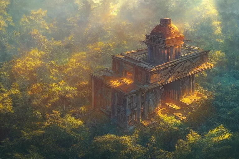 Prompt: aerial view of abandoned library in the forest, overgrown, volumetric light, golden hour, digital concept art, artstation, cgnation, photoshop, artwork by gerald brom + bruce pennington + keith parkinson + tom white