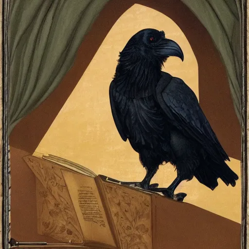 Image similar to beautifully detailed portrait of a detailed raven looking at a book laid out on a golden silk cloth, in a serene beautiful stone arched garden at beautiful sunrise by frederic leighton and by rosetti and sidney cooper, 4 k, artstation