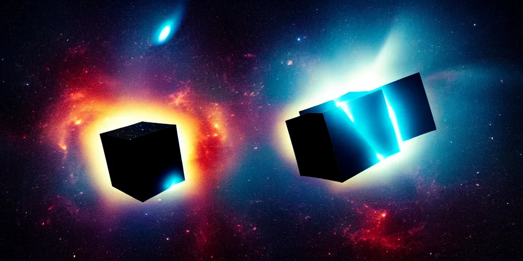 Image similar to A black cube projecting on its surface a black hole devouring galaxies and stars, floating In the middle of the ocean, Photography, Cinematic, Time-Lapse, Panorama, Field of View, 3-Dimensional, Hyperdimensional, 32k, Star, Cube, Powerful, Beautiful Lighting