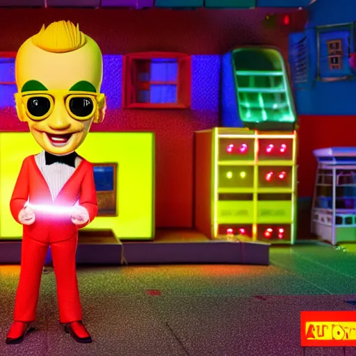 Prompt: a 3 d render of max headroom in peewee's playhouse, octane render, unreal engine, hyperrealism, 8 k, trending on artstation, ultra detailed, volumetric lighting, dramatic lighting, lasers, neon