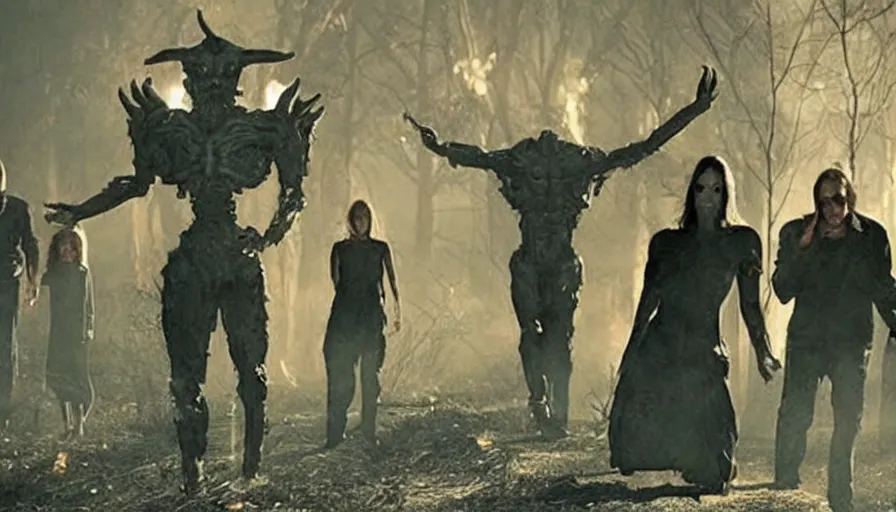 Image similar to Big budget horror movie, androids worshiping satan