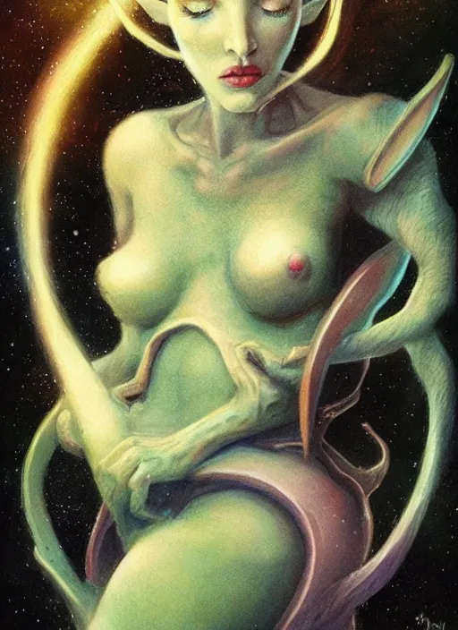 Image similar to portrait of female elf space queen, night sky background, beautiful! coherent! by brom, by brian froud, deep color, strong line, high contrast