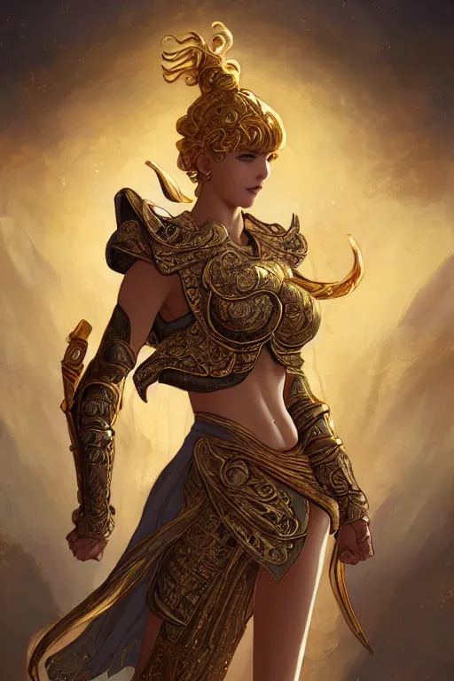 Image similar to portrait knights of zodiac girl, golden and copper shining armor, karate pose, in ruined agora of athens sunrise, ssci - fi and fantasy, intricate and very very beautiful and elegant, highly detailed, digital painting, artstation, concept art, smooth and sharp focus, illustration, art by tian zi and wlop and alphonse mucha and z - - ed