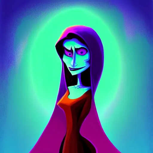 Image similar to curled perspective digital art of a dark hair woman wearing shemagh by anton fadeev from nightmare before christmas