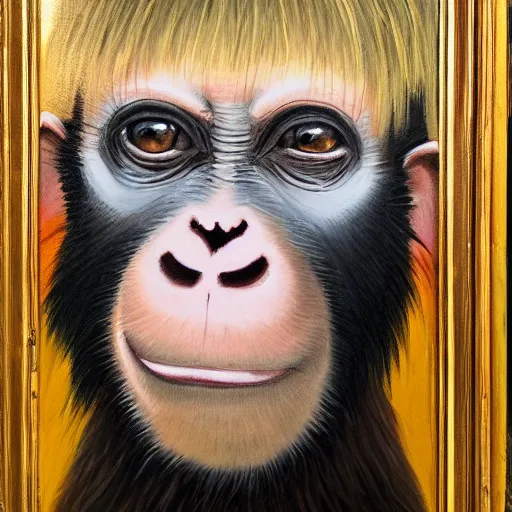 Image similar to Portrait of an Emo monkey holding a camera, oil painting