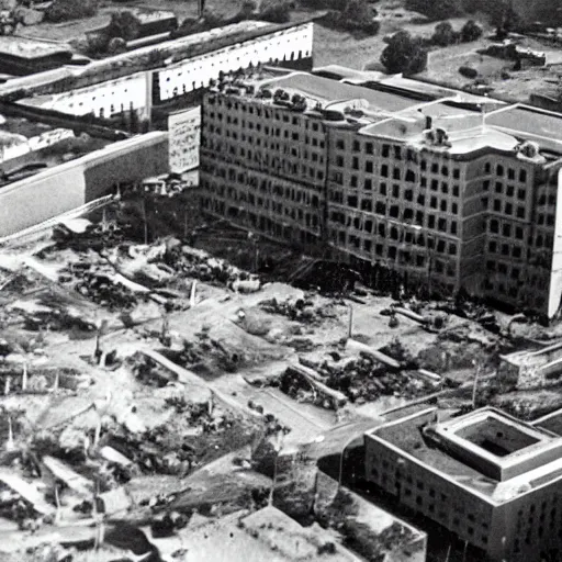 Prompt: university campus during zombie invasion, circa 1 9 4 5, hd, award - winning