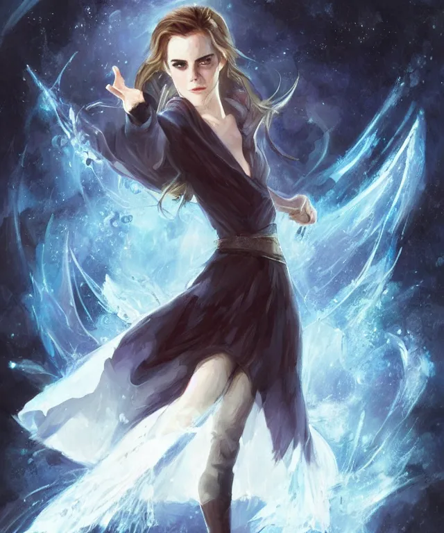 Prompt: illustration of emma watson as a ice magician, glowing eyes, trending on artstation, dynamic pose, Magic the Gathering art, art by Ralph Horsley