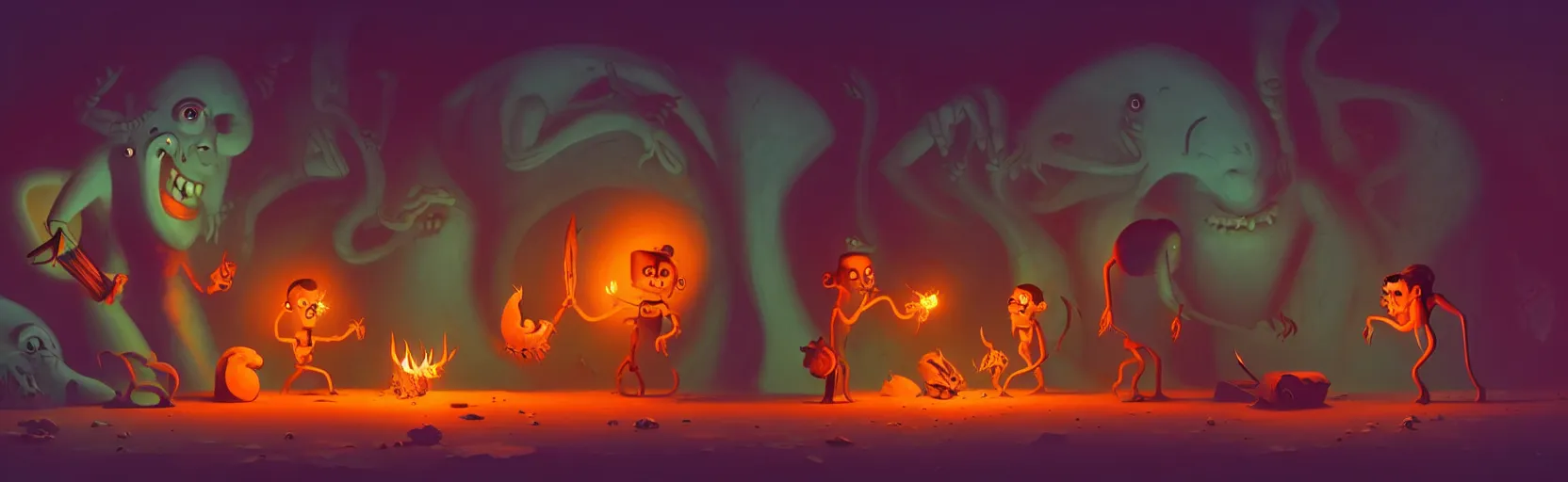 Image similar to uncanny whimsical savage mutants from the depths of a vast wasteland in the collective unconscious, dramatic lighting from fiery torches, surreal fleischer cartoon characters, shallow dof, surreal painting by ronny khalil and bosch