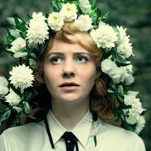 Image similar to movie still of the girl with the flowers head, cinematic composition, cinematic light, by edgar wright and david lynch