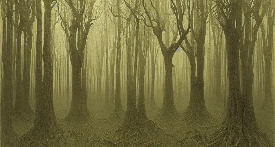 Image similar to A dense and dark enchanted forest with a swamp, by Zdzisław Beksiński