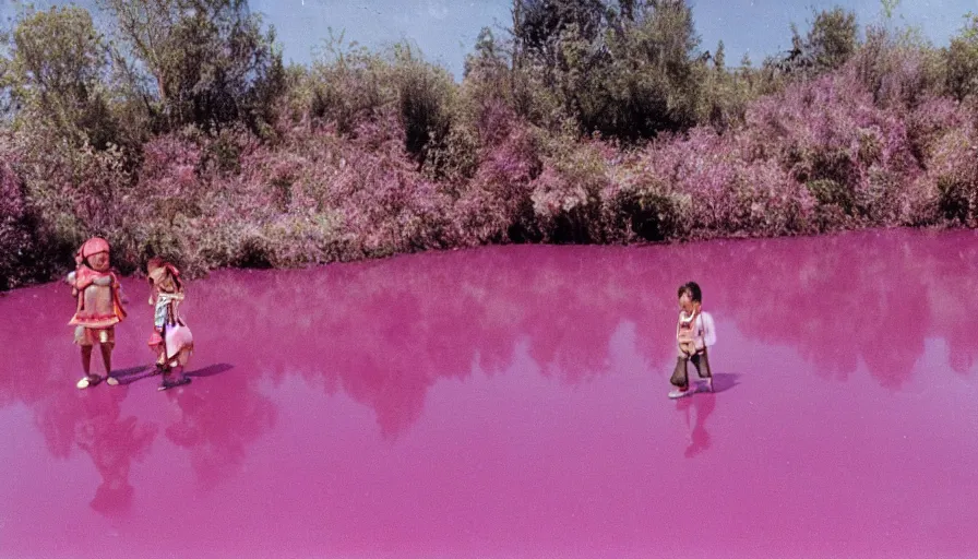 Image similar to 3 5 mm photography of kids wearing a codex seraphinianus costume in a pink lake h 1 1 0 0