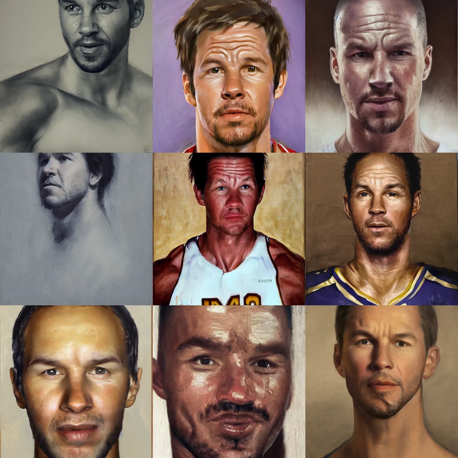 Prompt: facial portrait of mark wahlberg in makeup portraying kobe bryant, oil on canvas by william sidney mount - 1 8 3 3, trending on artstation