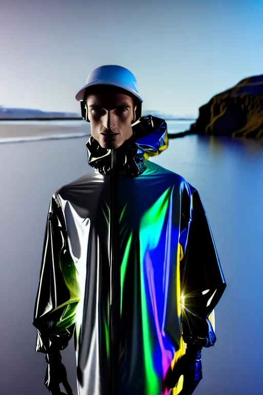 Image similar to an ultra high definition professional high fashion portrait studio full length photograph of a male model wearing a transparent pearlescent raincoat and neon visor in an icelandic black rock environment at dawn. no artefacts. extremely detailed. stark. refraction. shallow depth of field. volumetric light and shadow. ray tracing. light rays.