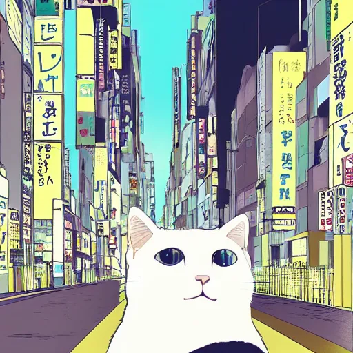 Image similar to a cat in tokyo by inio asano, beeple and james jean, aya takano color style, 4 k, super detailed, modern, 4 k, symmetrical