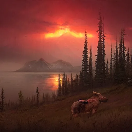 Image similar to illustration of an alaskan wildness just before darkness, strange red glow in the sky, greg rutkowski