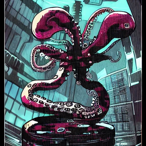 Image similar to a cyberpunk octopus, in the style of Ashley Wood and Moebius