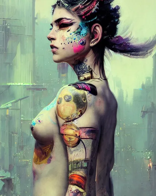 Prompt: detailed portrait Young Gangster Girl cyberpunk futuristic ((neon)) tattoes, styled hair Reflective gauzy fine-spun film jacket, decorated traditional ornaments by Carl Spitzweg ismail inceoglu dragan bibin hans thoma greg rutkowski Alexandros Pyromallis Nekro illustrated Perfect face, fine details, realistic shaded, fine-face, pretty face