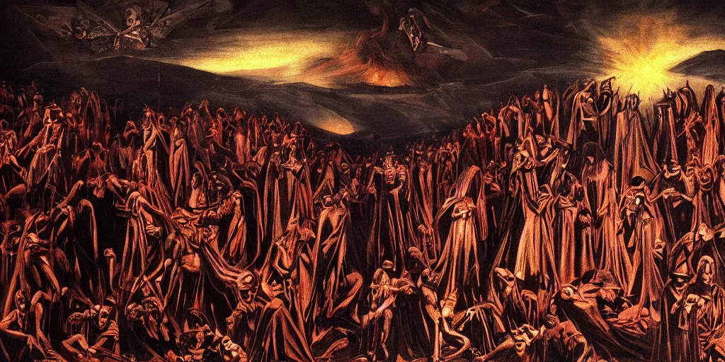 Image similar to dante's inferno painting, with people in black hooded tunic like in the film eyes wide shut of stanley kubrick, illuminati symbol, crows, skeletons, crosses, jesus, dark beauty, rotten gold, perfect faces, extremely detailed, cinema 4 d, unreal engine.