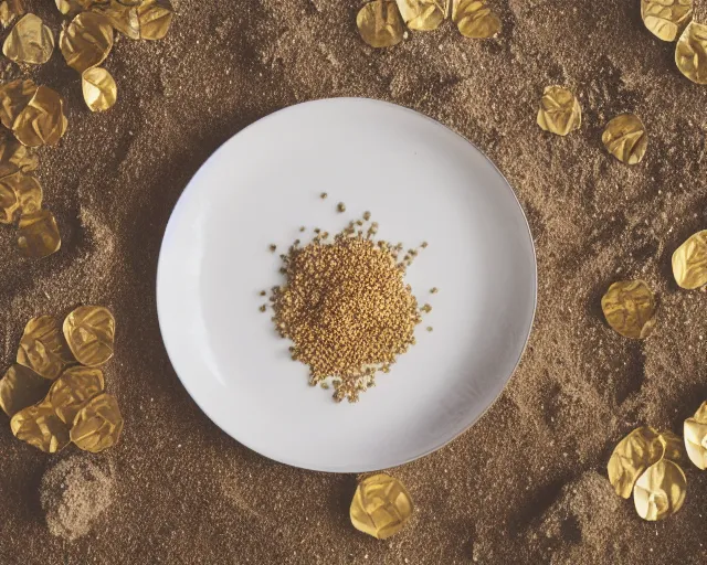 Prompt: 8 5 mm food photography of a plate full of every single food made of gold with silver linings near a garden with sand with dof and bokeh and flowers o